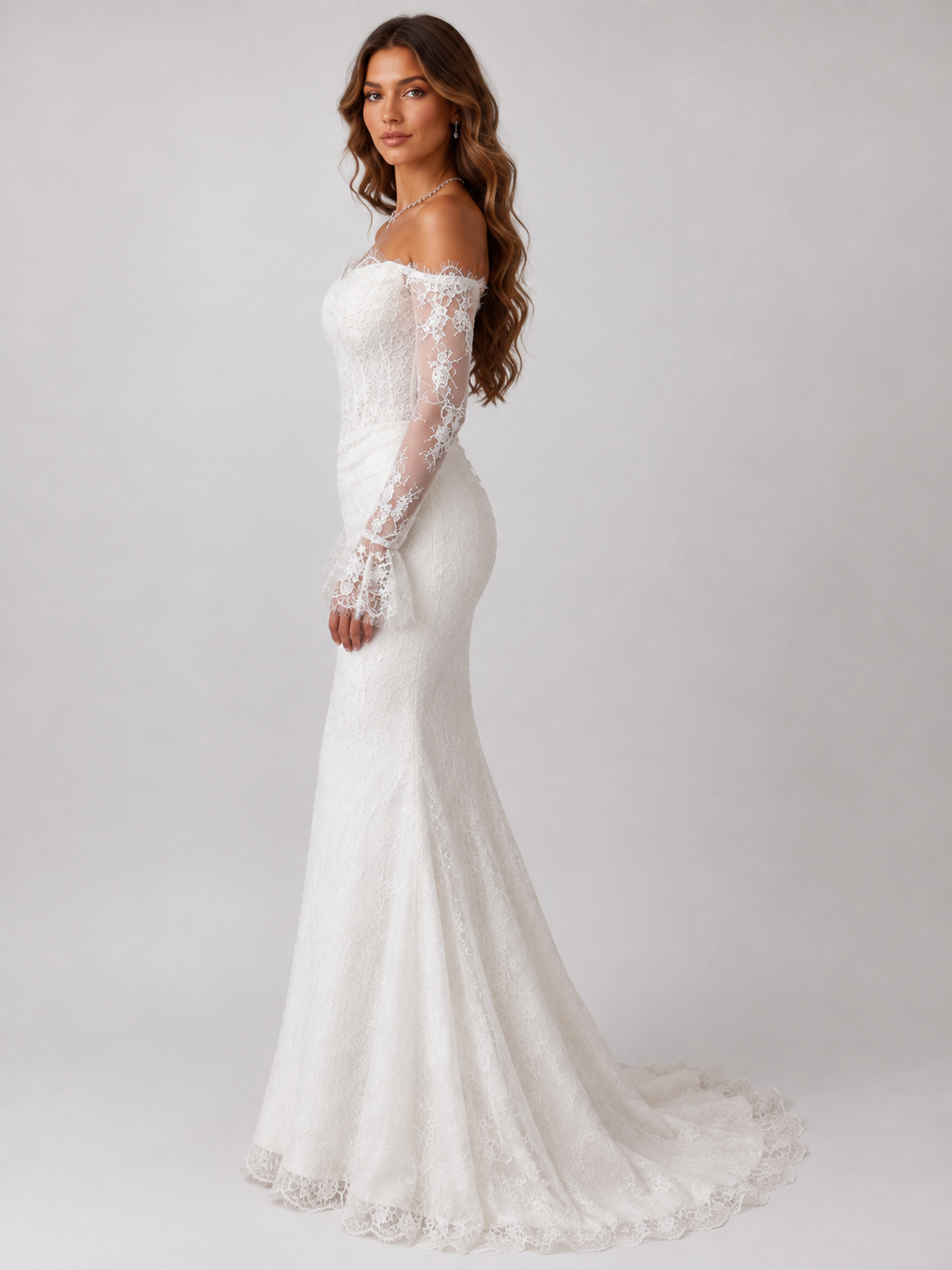 Elegant Off-the-Shoulder Long Sleeve Lace Mermaid Wedding Dress with Sweep Train
