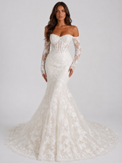 Elegant Off-the-Shoulder Sweetheart Lace Appliqué Mermaid Wedding Dress with Chapel Train