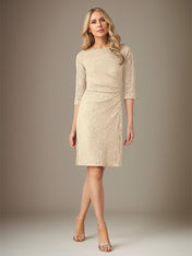 Champagne Sheath/Column Lace Boat Neck 3/4 Sleeves Knee Length Dress With Slit
