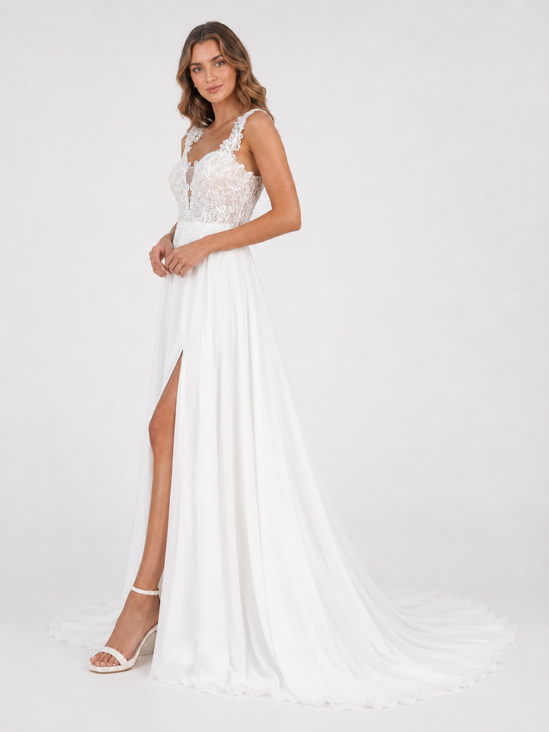 Elegant Sleeveless Lace Applique Chiffon A-Line Wedding Dress with High Slit and Chapel Train