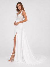 Elegant Sleeveless Lace Applique Chiffon A-Line Wedding Dress with High Slit and Chapel Train