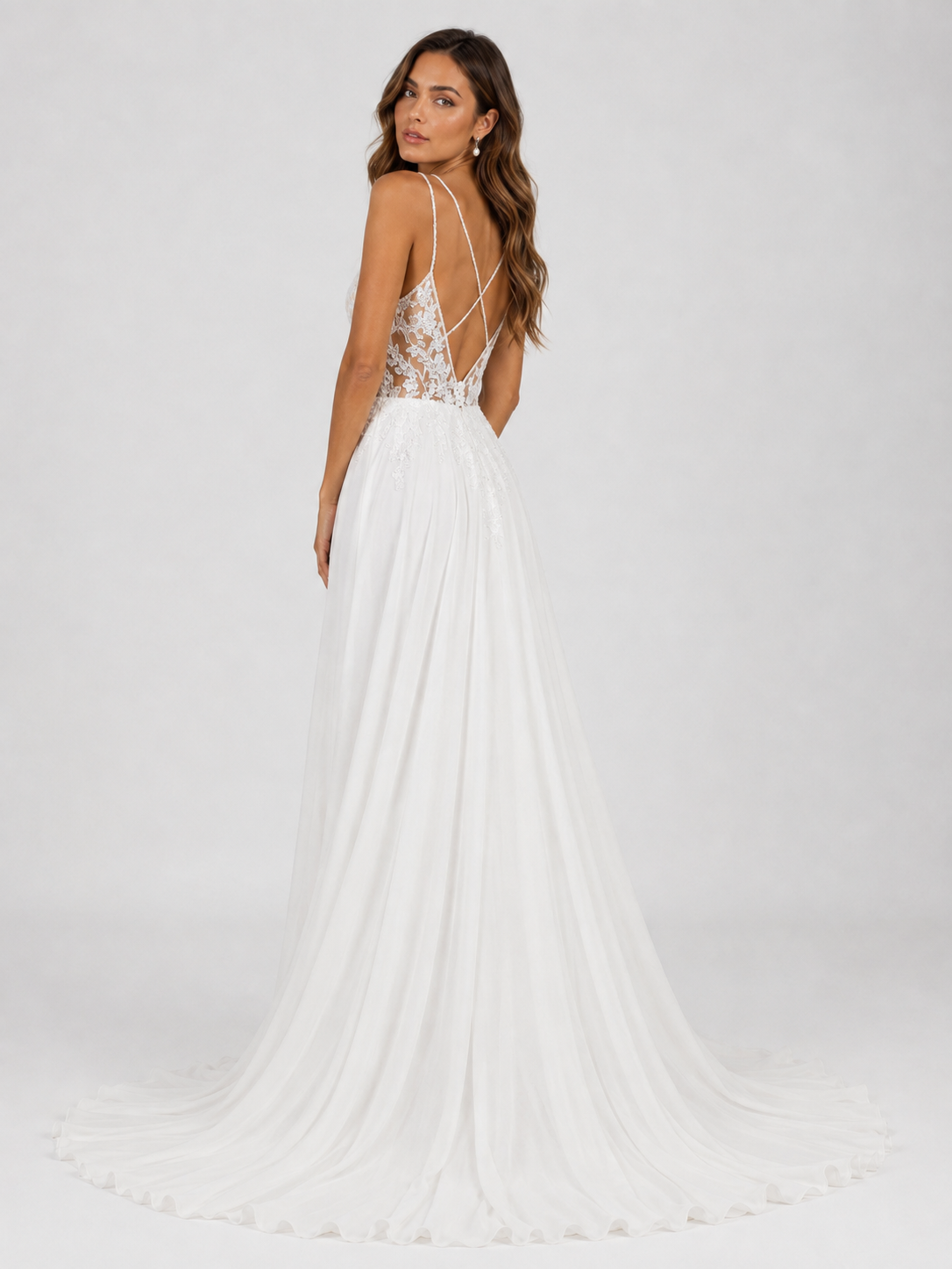 Elegant Illusion Plunging V-Neck Lace Bodice Chiffon A-Line Wedding Dress with High Slit and Chapel Train