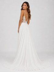 Elegant Illusion Plunging V-Neck Lace Bodice Chiffon A-Line Wedding Dress with High Slit and Chapel Train