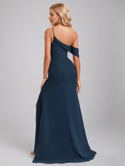 Dark Navy Sheath/Column One Shoulder Sleeveless Floor-Length Chiffon Bridesmaid Dress