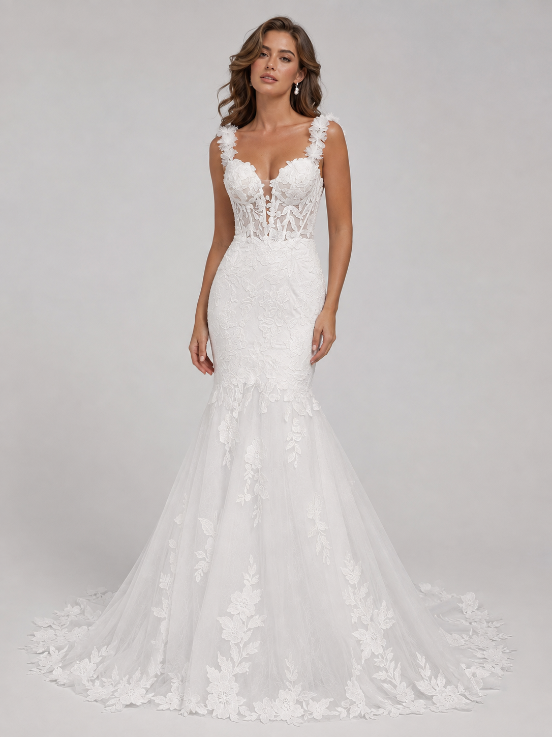 Elegant 3D Floral Strap Sheer Lace Mermaid Wedding Dress with Chapel Train