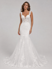 Elegant 3D Floral Strap Sheer Lace Mermaid Wedding Dress with Chapel Train