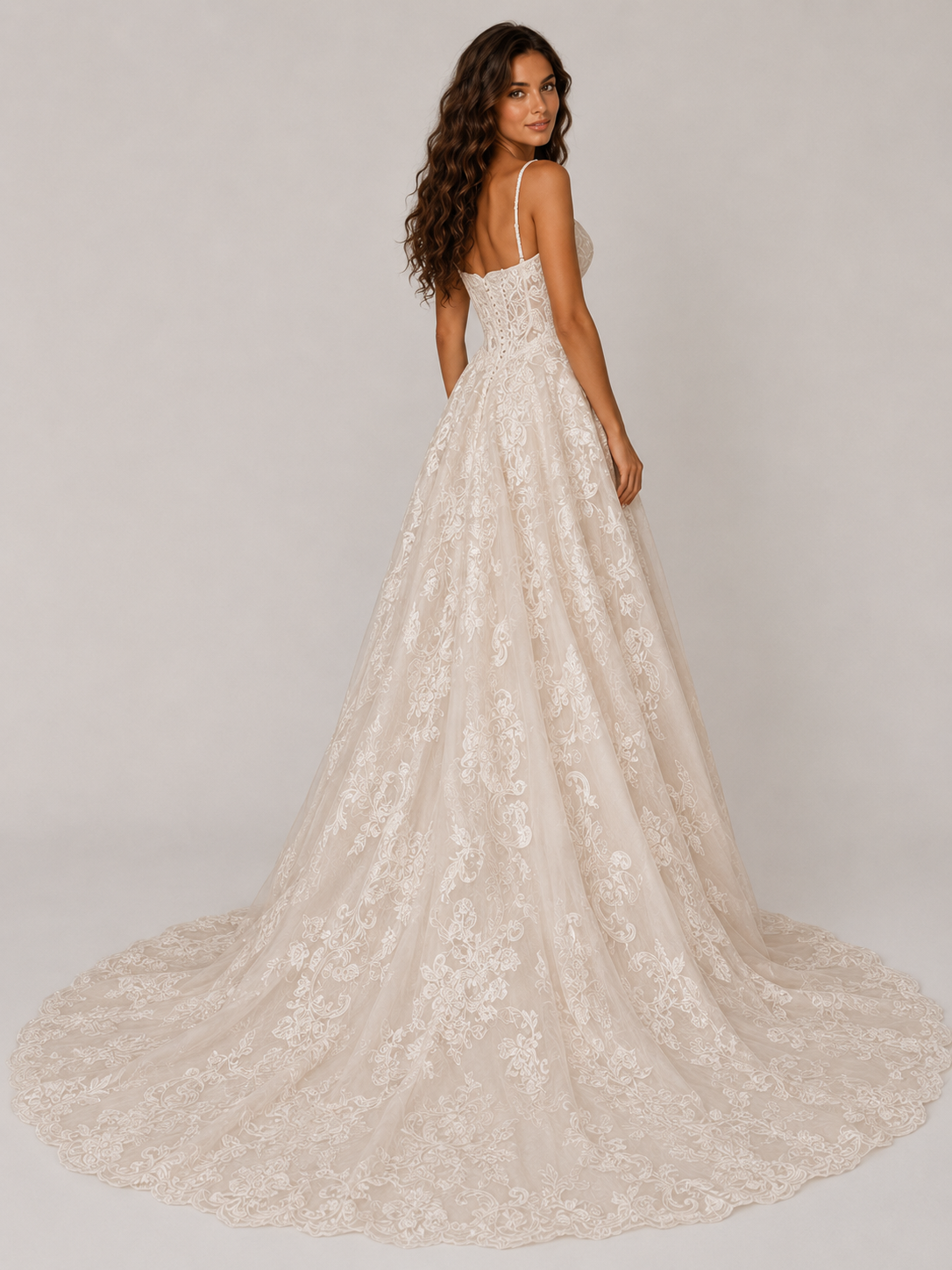 Elegant Sweetheart Lace Corset A-Line Wedding Dress with Beaded Straps and Chapel Train