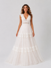 Elegant Lace Tiered Tulle A-Line Wedding Dress with Sweep Train