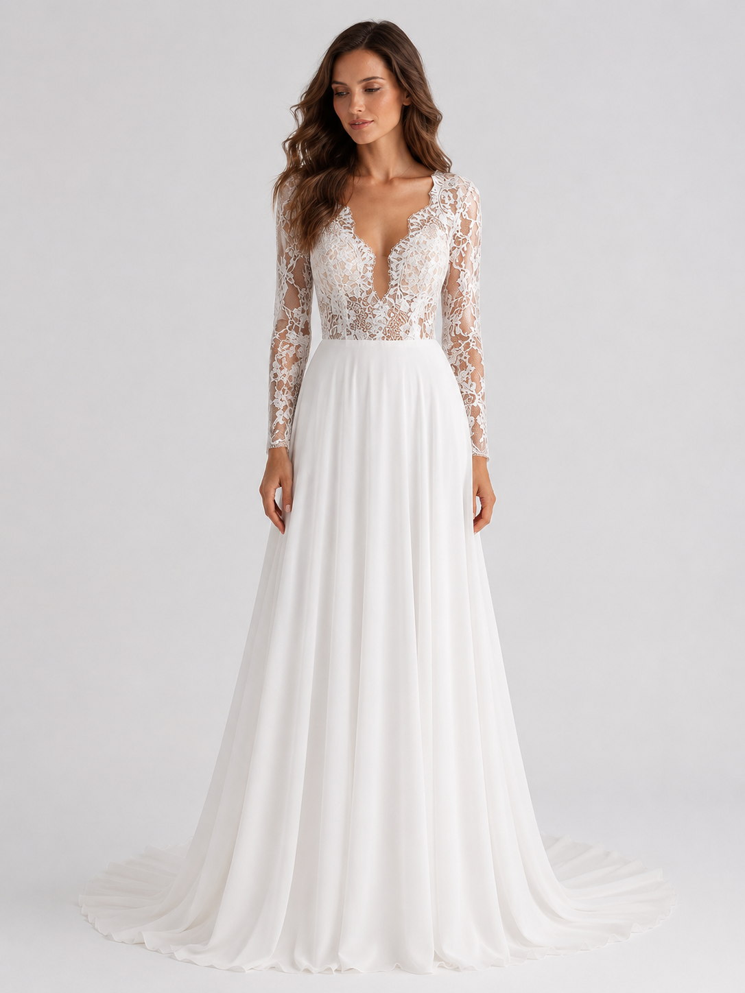 Elegant Long-Sleeve Lace Bodice Chiffon A-Line Wedding Dress with Sweep Train