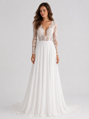 Elegant Long-Sleeve Lace Bodice Chiffon A-Line Wedding Dress with Sweep Train