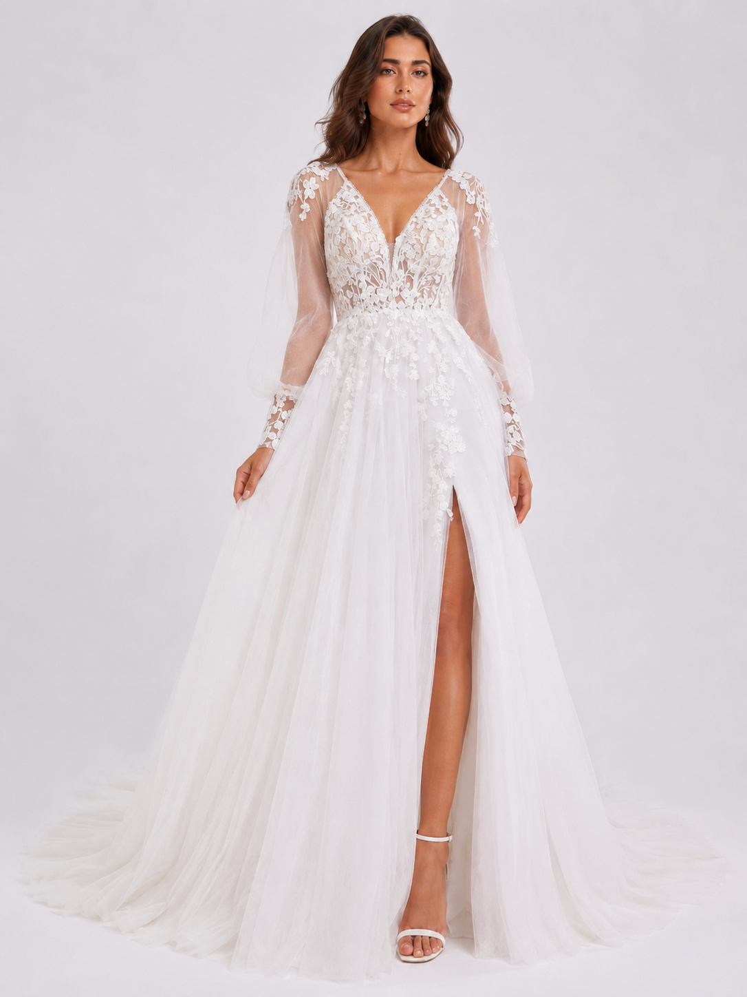 Elegant V-Neck Long Sleeve Lace Appliquéd Tulle A-Line Wedding Dress with High Slit and Chapel Train
