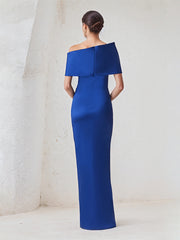 Royal Blue Asymmetrical Neckline Floor Length Sheath Satin Mother Of The Bride Dress