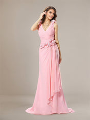 Pink Trumpet/Mermaid V-Neck Floor Length Chiffon Bridesmaid Dress With Hand-Made Flower