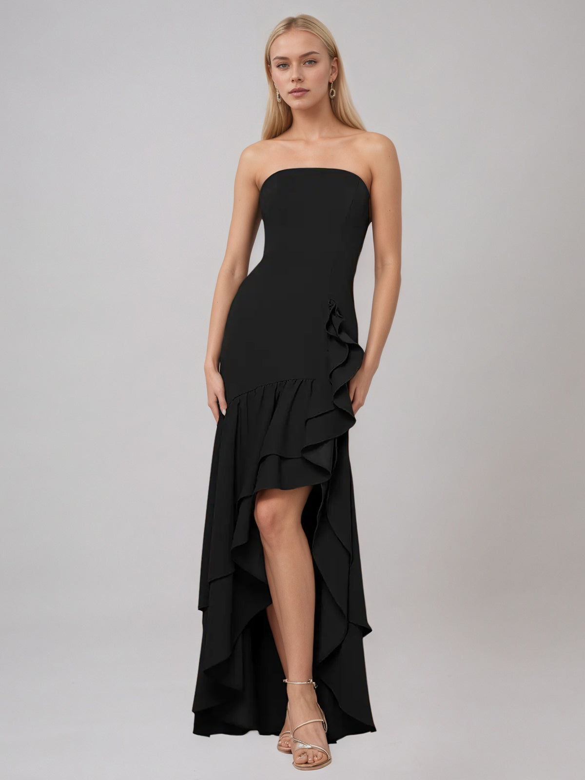Black Sheath/Column Stretch Crepe Off The Shoulder Sleeveless Floor Length Dress With Ruffles