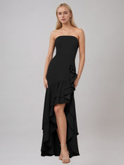 Black Sheath/Column Stretch Crepe Off The Shoulder Sleeveless Floor Length Dress With Ruffles
