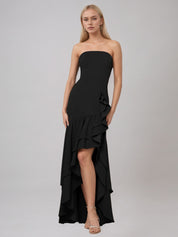 Black Sheath/Column Stretch Crepe Off The Shoulder Sleeveless Floor Length Dress With Ruffles