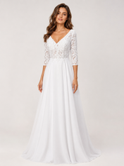 Elegant V-Neck Lace Bodice Chiffon A-Line Wedding Dress with Sweep Train