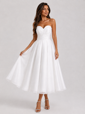 Elegant Strapless Ruched Satin A-Line Midi Wedding Dress
