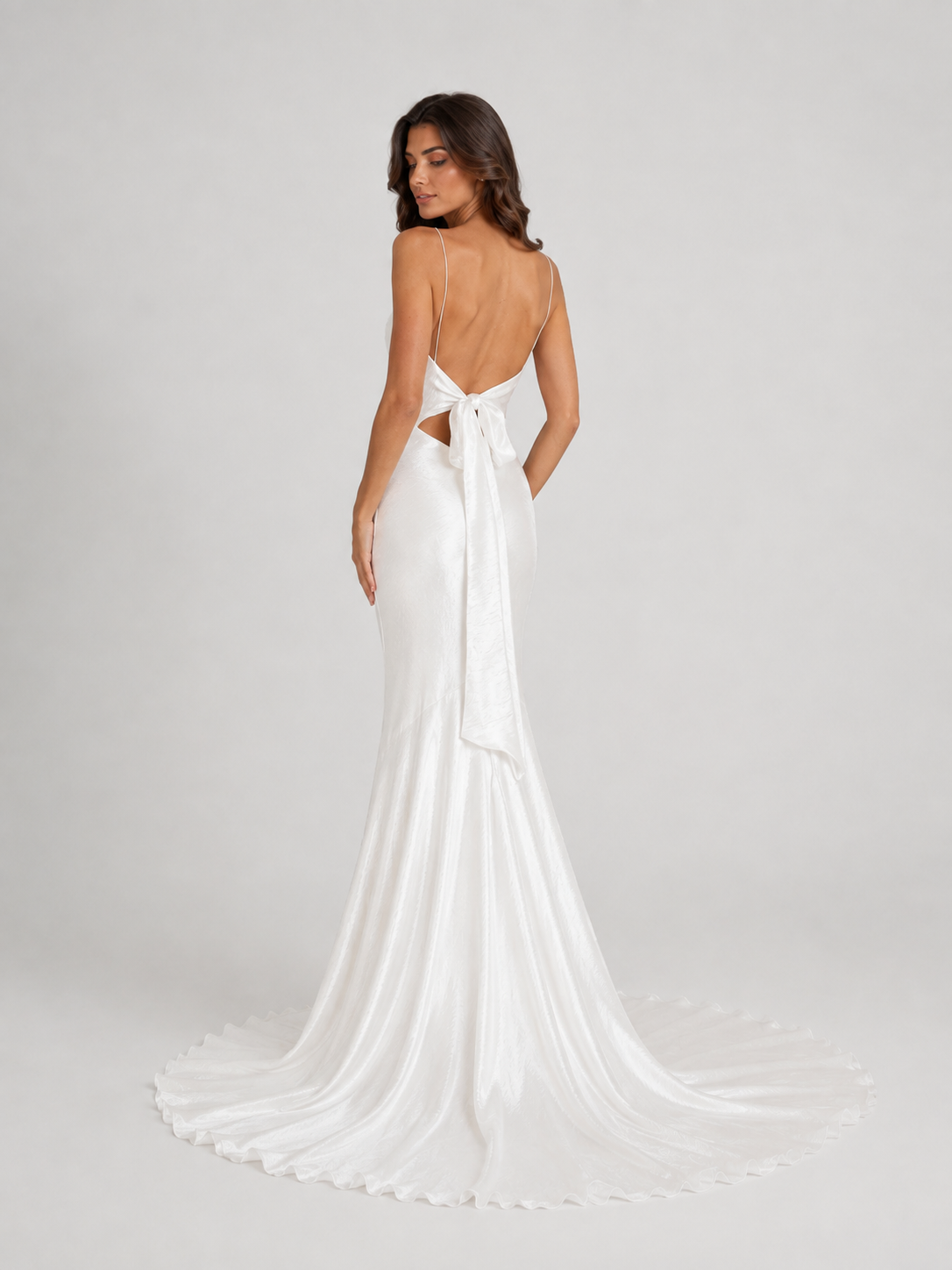 Elegant Spaghetti Strap Cowl Neck Satin Sheath Wedding Dress with Bow Back and Sweep Train