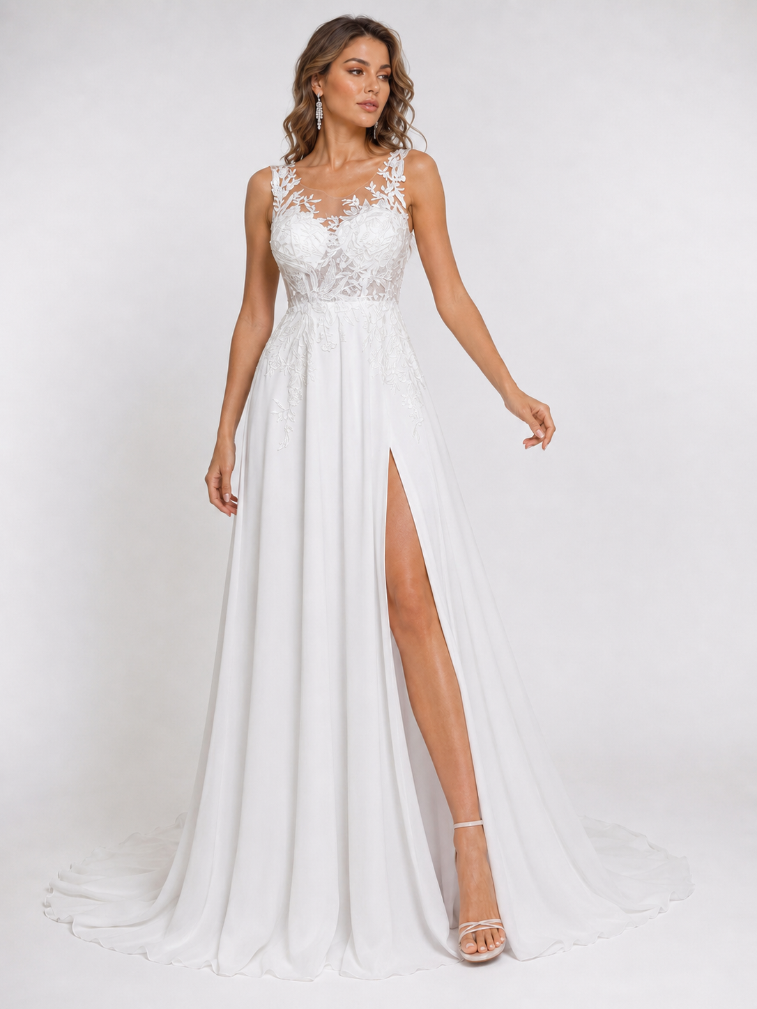 Elegant Illusion Round Neck Lace Applique Chiffon A-Line Wedding Dress with High Slit and Chapel Train