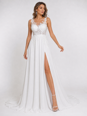 Elegant Illusion Round Neck Lace Applique Chiffon A-Line Wedding Dress with High Slit and Chapel Train