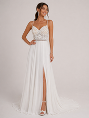 Elegant Sweetheart Lace Bodice Chiffon A-Line Wedding Dress with High Slit and Chapel Train