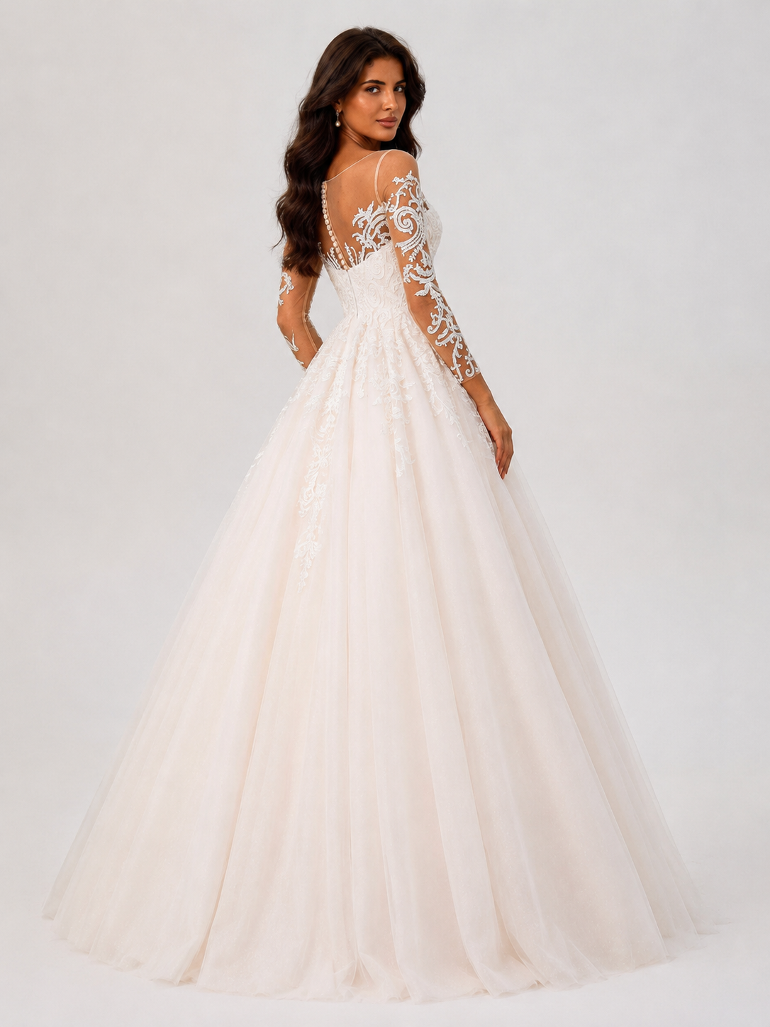 Elegant Illusion Long-Sleeve Lace Tulle A-Line Wedding Dress with Chapel Train