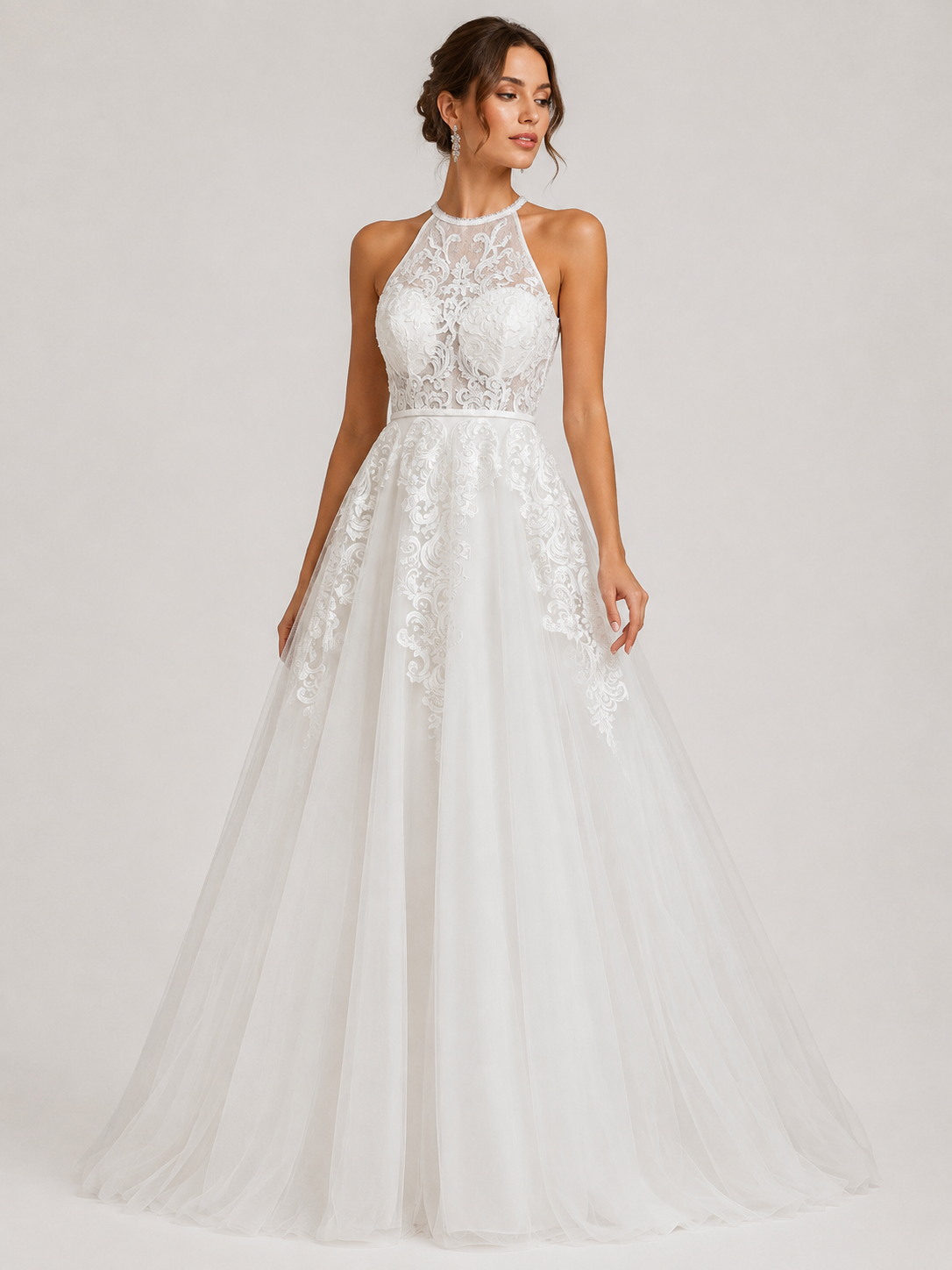 Elegant Halter Lace Appliquéd Tulle A-Line Wedding Dress with Chapel Train