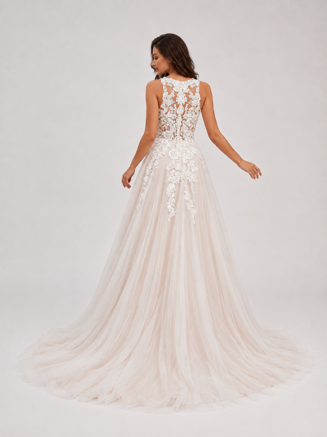 Elegant Illusion V-Neck Lace Applique A-Line Wedding Dress with Chapel Train