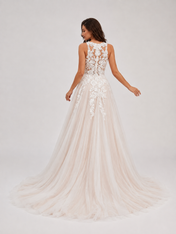 Elegant Illusion V-Neck Lace Applique A-Line Wedding Dress with Chapel Train