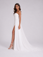Elegant Strapless Ruched Satin A-Line Wedding Dress with High Slit and Chapel Train