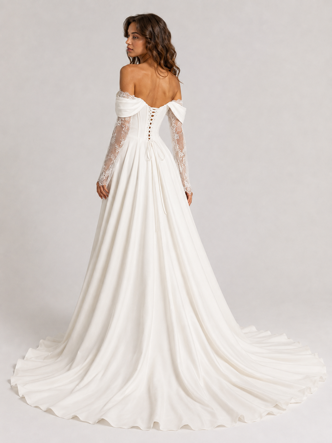 Elegant Off-the-Shoulder Corset Satin A-Line Wedding Dress with Lace Sleeves and High Slit