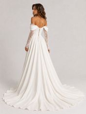 Elegant Off-the-Shoulder Corset Satin A-Line Wedding Dress with Lace Sleeves and High Slit