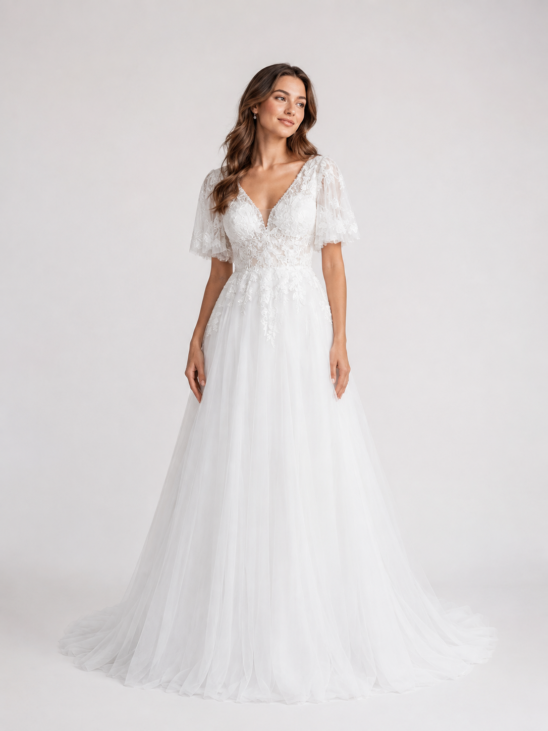 Elegant V-Neck Flutter Sleeve Lace Tulle A-Line Wedding Dress with Chapel Train