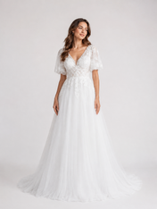 Elegant V-Neck Flutter Sleeve Lace Tulle A-Line Wedding Dress with Chapel Train