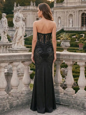 Black Strapless Lace-Applique Corset Mermaid Evening Dress
