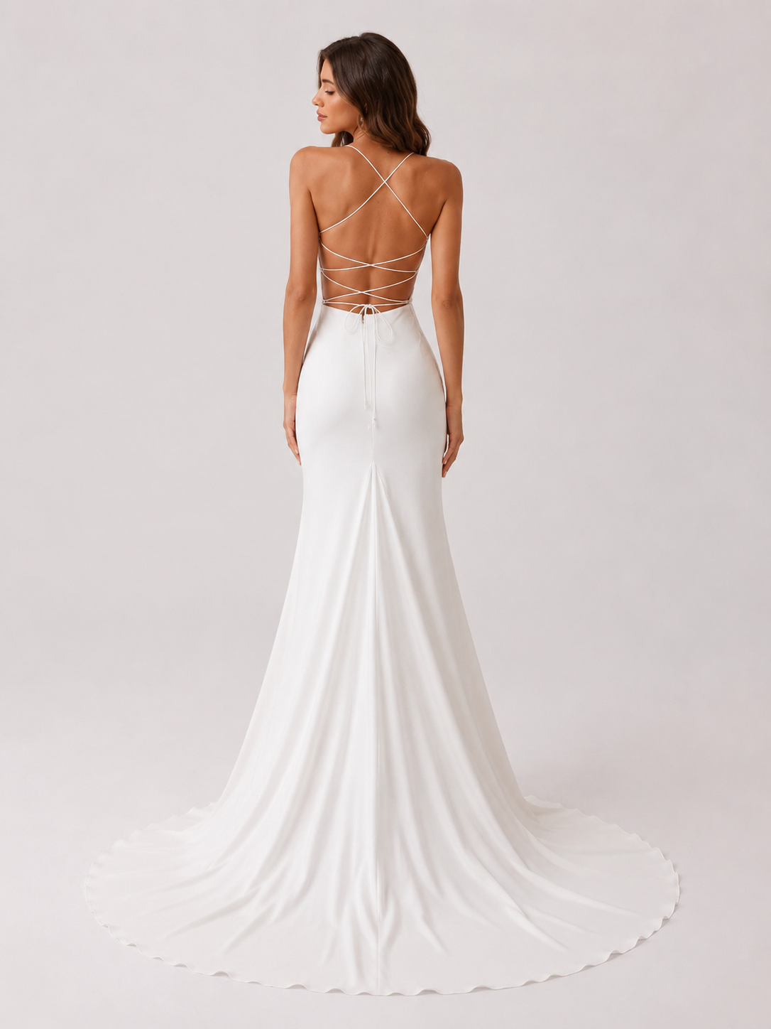 Elegant Square Neck Ruched Satin Sheath Wedding Dress with Crisscross Back and Sweep Train