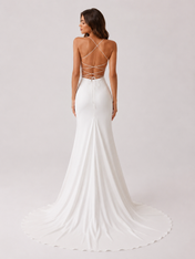 Elegant Square Neck Ruched Satin Sheath Wedding Dress with Crisscross Back and Sweep Train