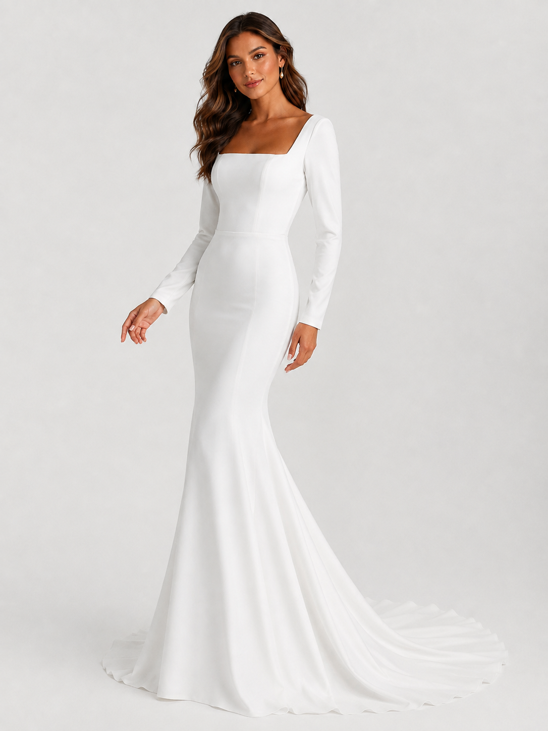 Elegant Long-Sleeve Square-Neck Open-Back Satin Mermaid Wedding Dress with Chapel Train