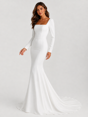 Elegant Long-Sleeve Square-Neck Open-Back Satin Mermaid Wedding Dress with Chapel Train