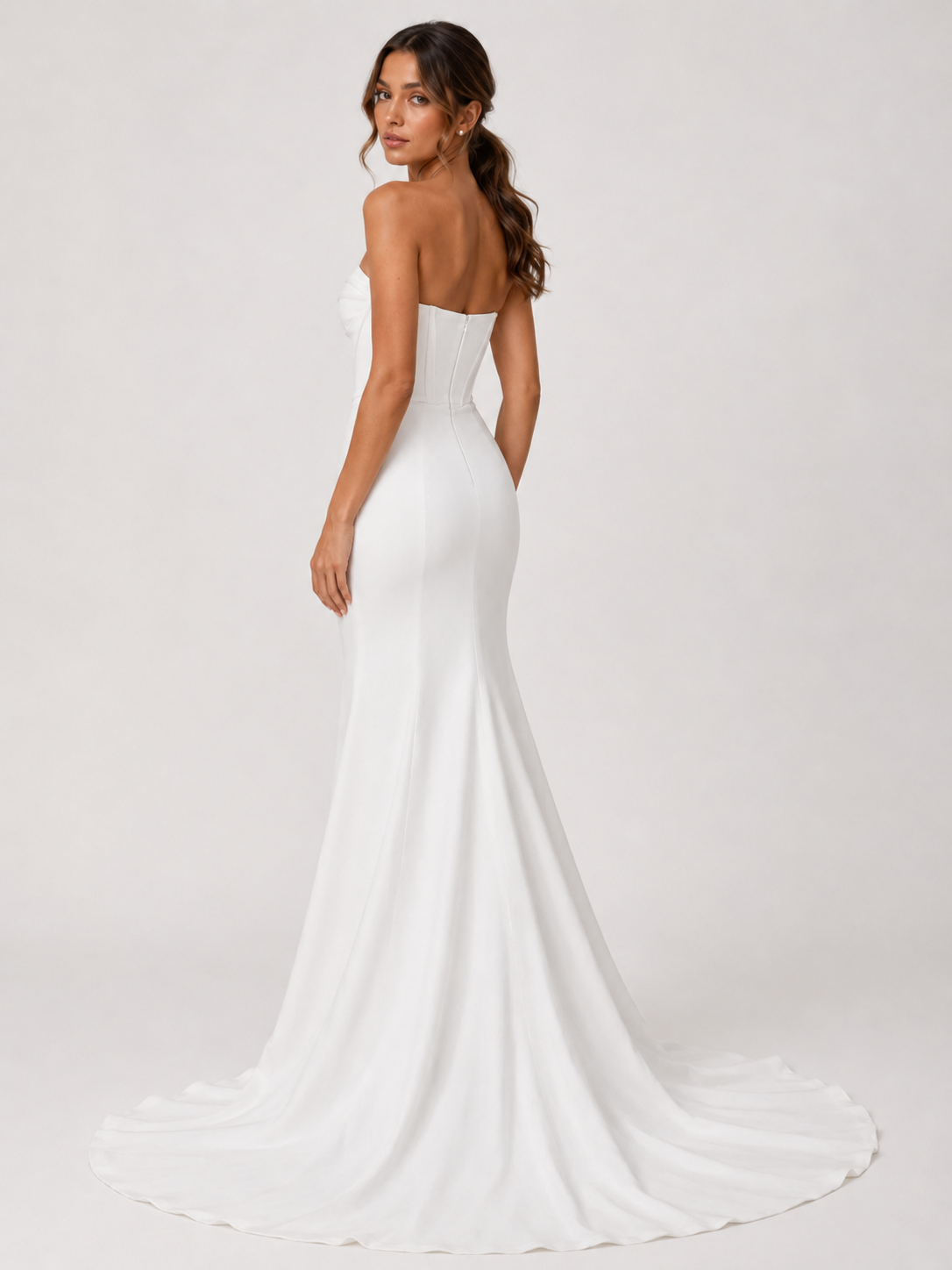 Elegant Strapless Ruched Satin Mermaid Wedding Dress with Exposed Boning and Chapel Train