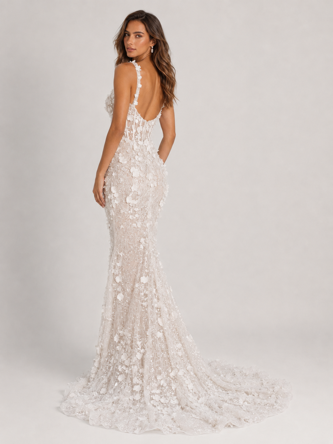 Elegant Square-Neck 3D Floral Lace Mermaid Wedding Dress with Sweep Train
