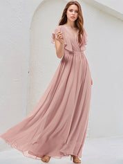 Dusty Rose A-Line V-Neck Floor-Length Chiffon Bridesmaid Dress