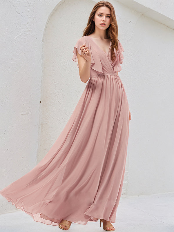 Dusty Rose A-Line V-Neck Floor-Length Chiffon Bridesmaid Dress