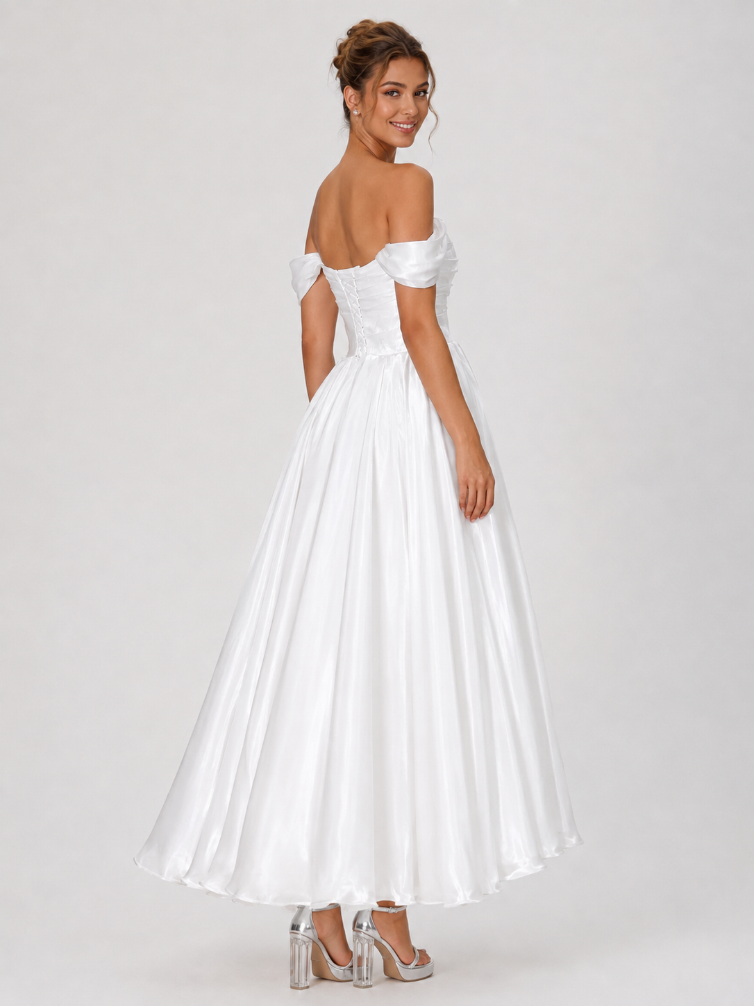 Elegant Off-the-Shoulder Ruched Satin A-Line Midi Wedding Dress with Lace-Up Back