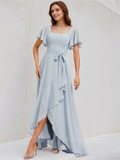 Ice Blue Chiffon A Line Square Neck Short Sleeves Asymmetrical Bridesmaid Dress