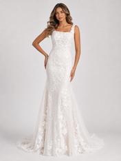 Elegant Square Neck Lace Sheath/Column Wedding Dress with Covered Buttons and Sweep Train