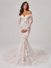 Elegant Off-the-Shoulder Long-Sleeve Lace Applique Mermaid Wedding Dress with Chapel Train