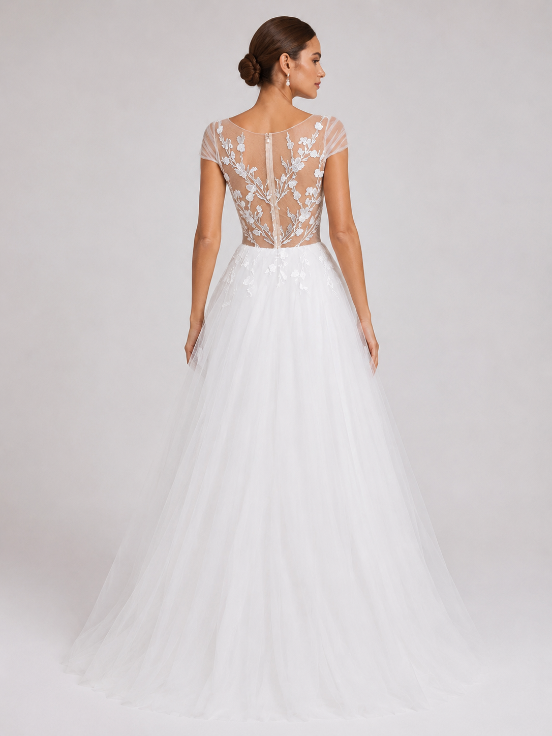 Elegant Cap Sleeve Lace Appliquéd Tulle A-Line Wedding Dress with High Slit and Chapel Train