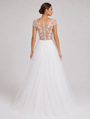 Elegant Cap Sleeve Lace Appliquéd Tulle A-Line Wedding Dress with High Slit and Chapel Train